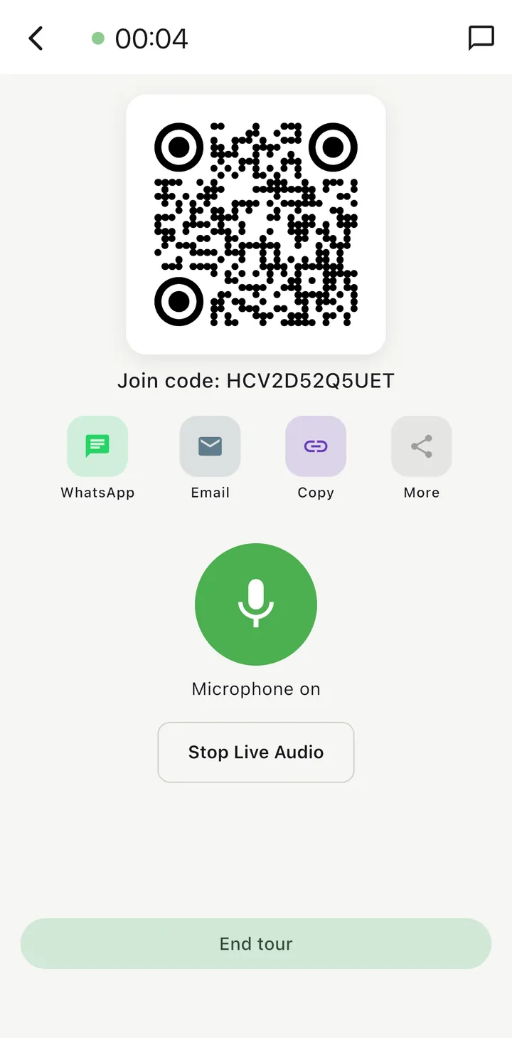 Live audio session with join code and microphone on