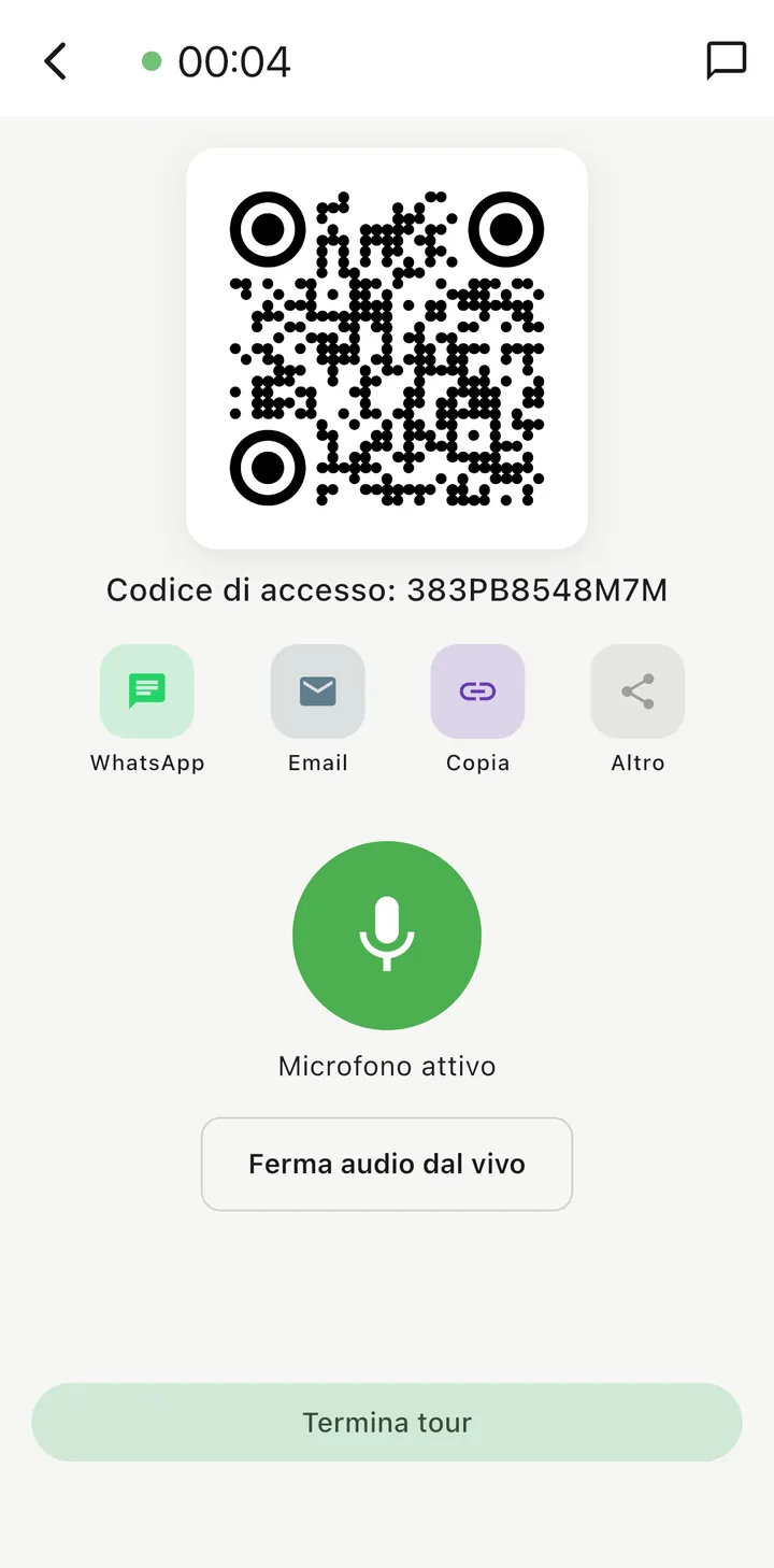 Sessione audio dal vivo con codice di accesso e microfono attivo
