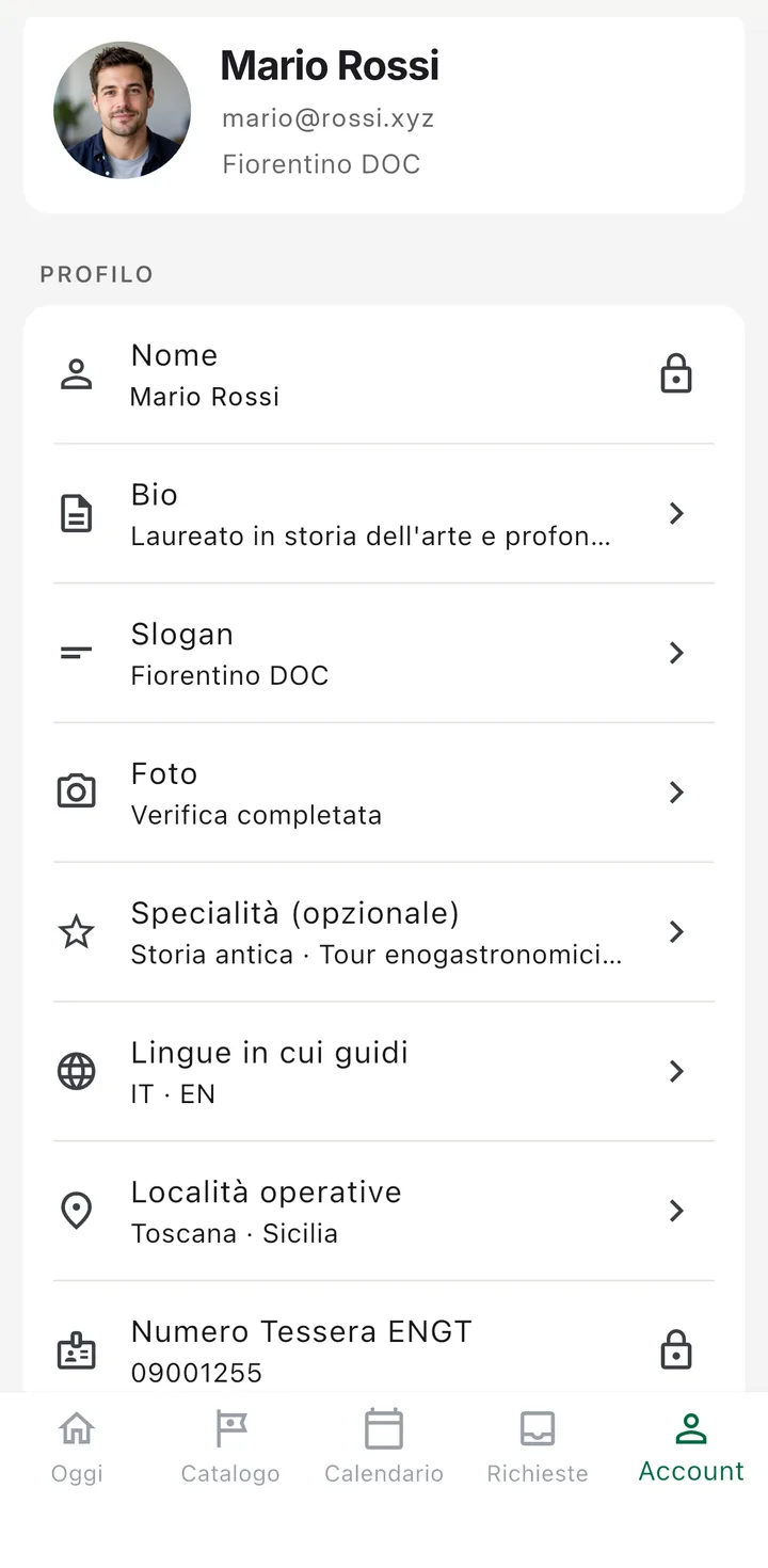 Profilo account con il numero di tessera