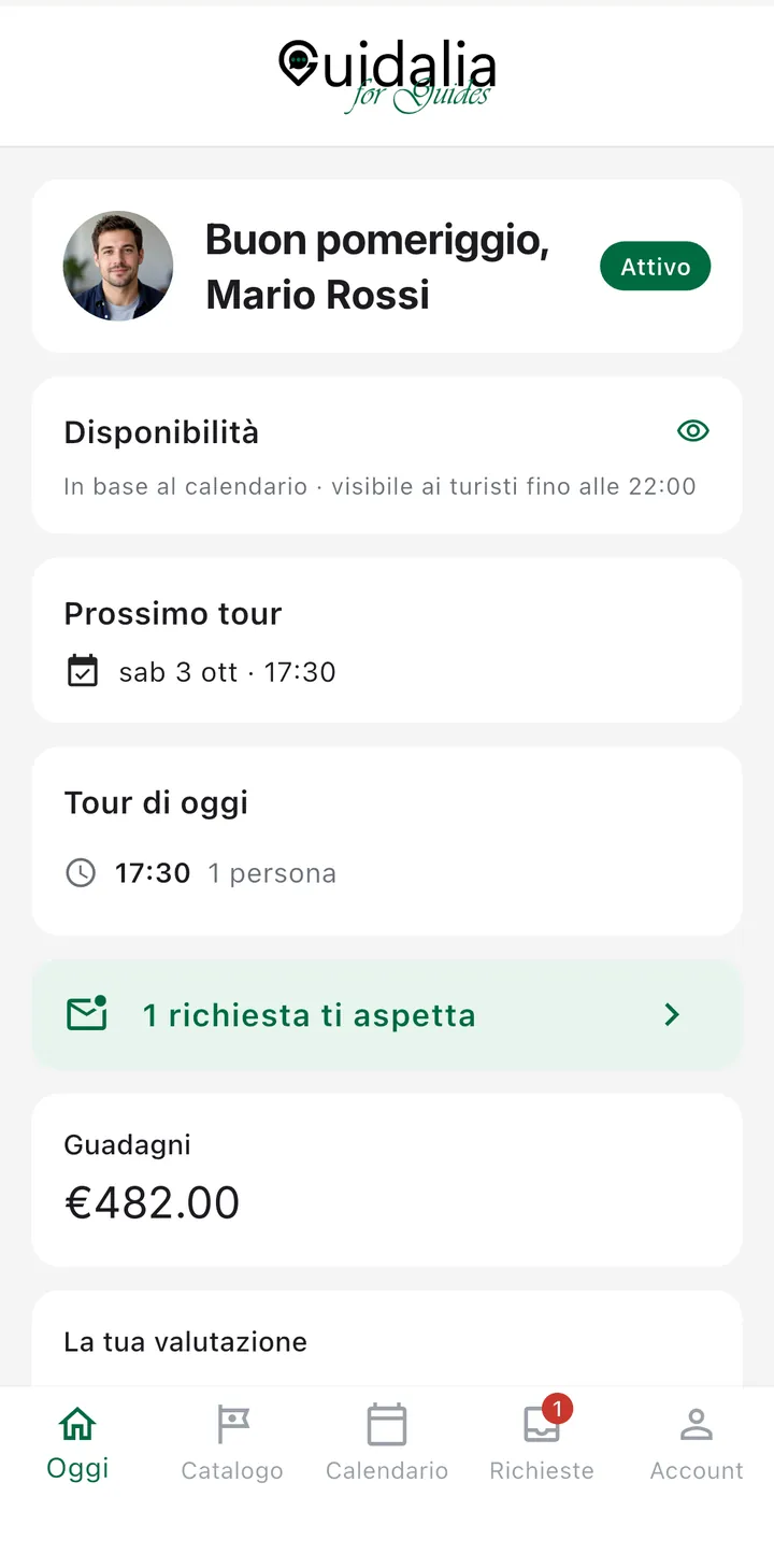 Schermata Oggi con disponibilità, richieste e guadagni