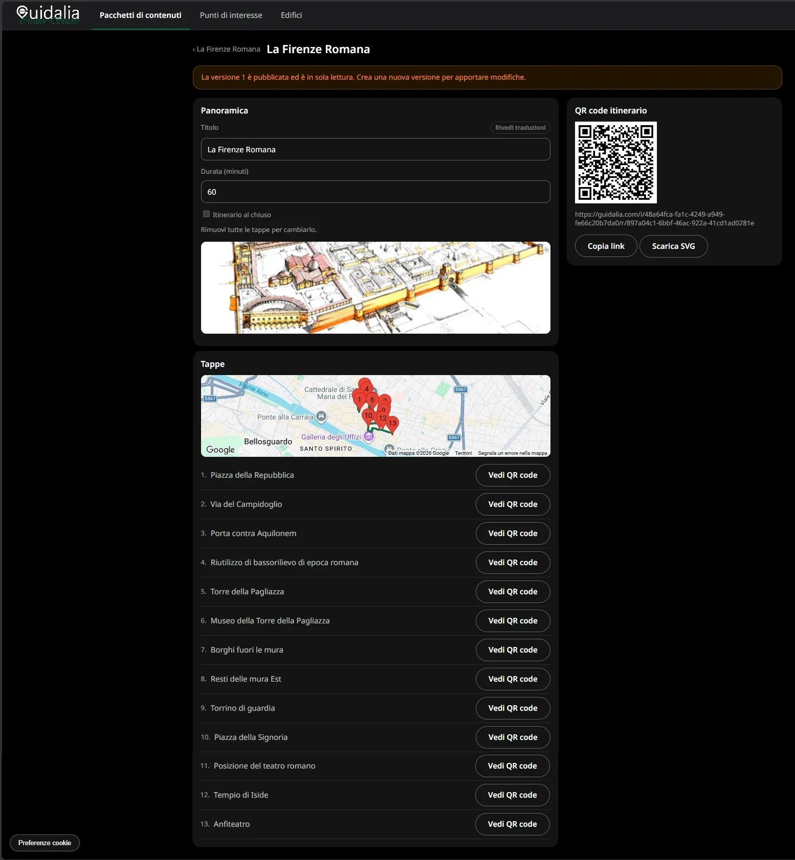 Creator Studio con un itinerario a piedi pubblicato: panoramica, QR code dell'itinerario ed elenco delle tappe