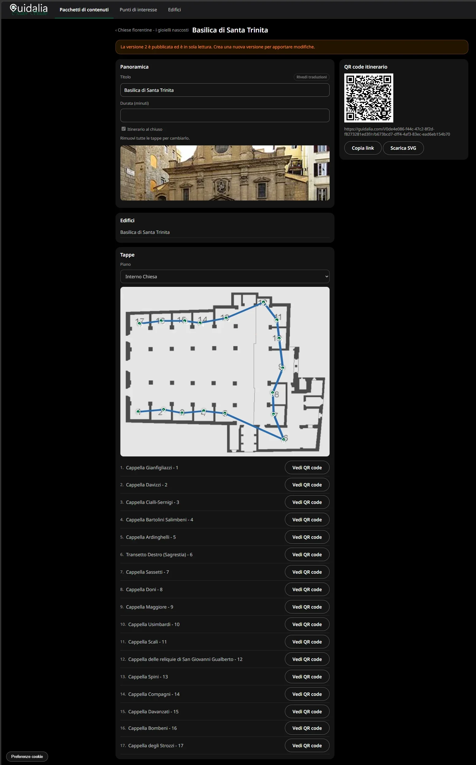 Creator Studio con un itinerario al chiuso pubblicato: pianta, QR code dell'itinerario ed elenco delle tappe