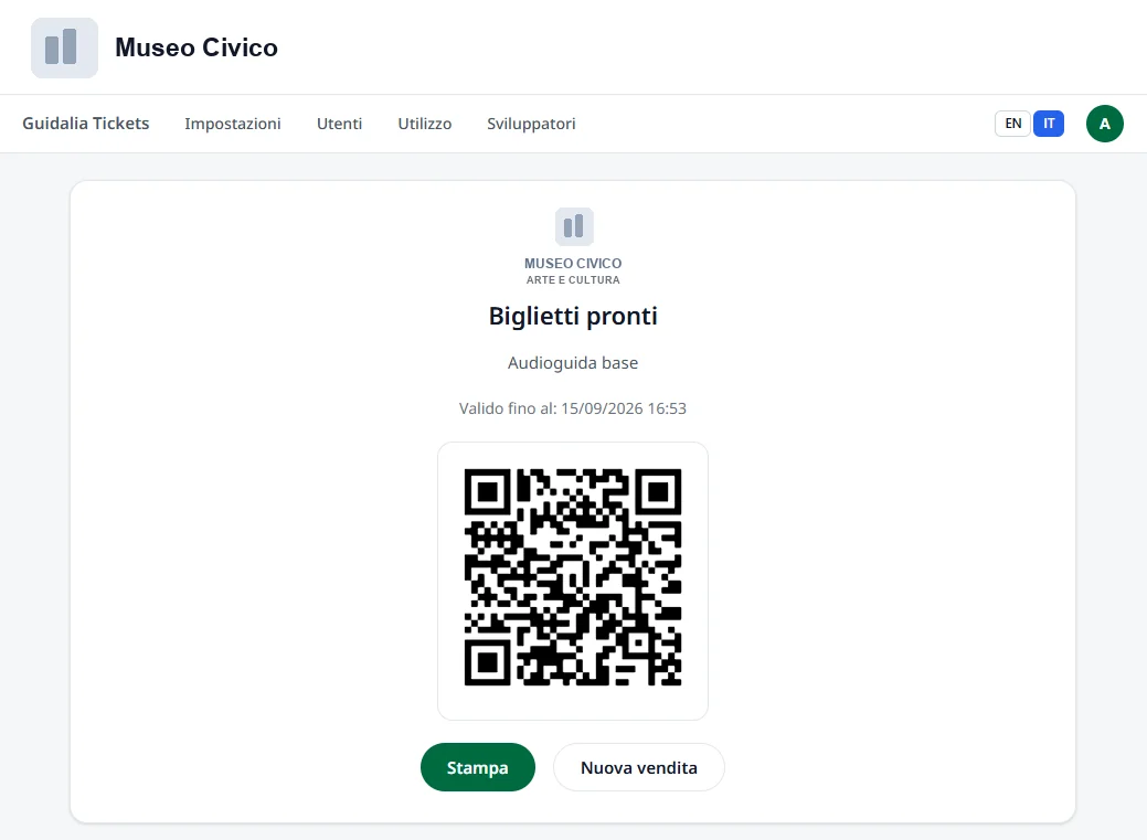 Guidalia Tickets con una vendita completata e il QR code dell'audioguida pronto da stampare